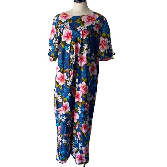 Ui-Maikai Dresses & Skirts - Ui Maikai Vintage Womens Dress Size Large Blue Floral Maxi Pure Cotton